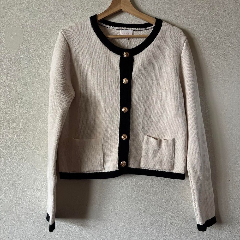Entro Preppy Cotton Cream and Black Contrast Cardigan Sweater Size Large